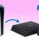A curved blue arrow points from a PlayStation 5 to a PlayStation 4 Pro against a pink background. A PlayStation Share Play icon is in the upper-right corner.